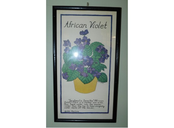 Vintage Mid Century Soovia Janis African Violet Print By Marlene 1970 Framed