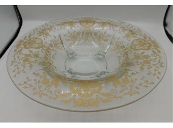 Footed Glass Centerpiece Bowl With Gold Inlay Pattern
