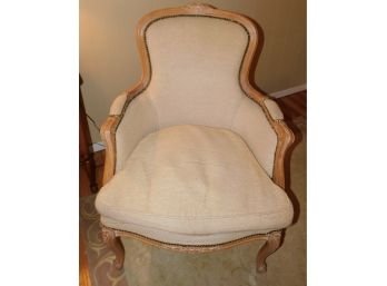 Wood Carved Custom Upholstered Arm Chair With Studs