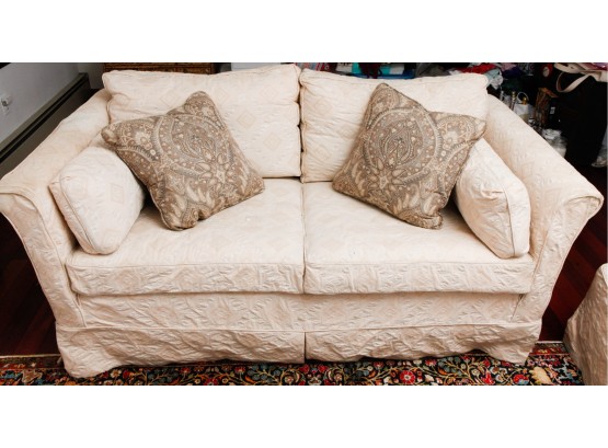 Bloomingdale's Love Seat W/ Slip Cover W/ Two Stunning Tapestry Pillows And Ottoman  H27 X L63 X W32