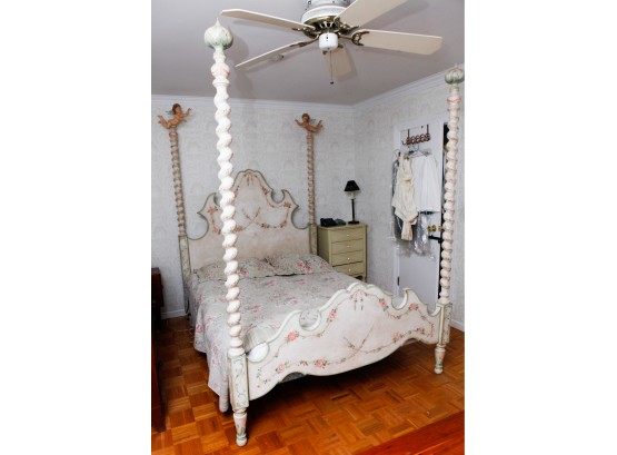 RARE Vintage Barley Twist Hand Painted Cherub/Angels - Wooden Four Poster Bed - H91 X L76 X W87 -