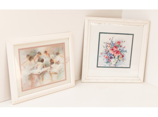 2 Beautiful Framed Prints - Degas Style Ballerina's And Lovely Floral Arrangement Within Vase H14 X L14