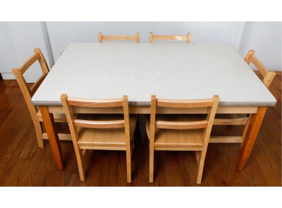 Child Size Table W/ Vintage Wooden Chairs - Table H22 X L48 X W30 - Chairs H24 X L14 X W12
