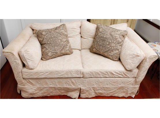 Bloomingdale's Love Seat W/ Slip Cover W/ Two Stunning Tapestry Pillows  H27 X L63 X W32