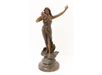 19th Century Antique Art Nouveau Era Bronzed 'la Marguerite' French Lady Sculpture - H18 X L15