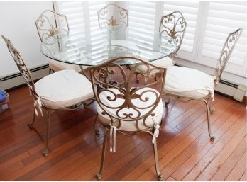 Stunning Dining Room Glass Table W/ 6 Chairs-cast Iron-table H20' X 48' Round - Chairs H37' X L21' X W21'