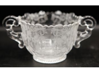 Antique Glass Sugar Bowl W/ Handles -  Etched Floral Design