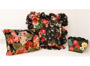 A Lot Of 2 Decorative Pillows And Floral Tin Planter -