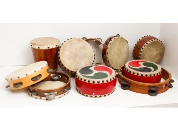 Lot Of 3 Tambourines, 4 Small Hand Drums & A Bongo