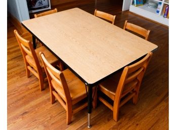 Child Size Table W/ 6 Vintage Wooden School Chairs - Table H22.5 X L48 X W29.5 - Chairs H23 X L13 X W12