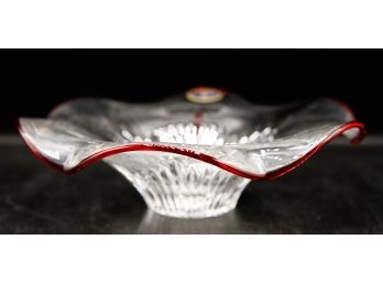 Lovely Bohemia Crystal - Candle Holder Cranberry Detailed- Hand Cut Lead Crystal -  In Original Box