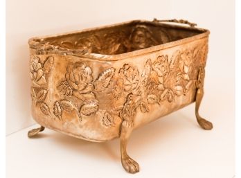Beautiful Vintage Brass Footed Planter With A Classic Embossed Floral Design - Made In India