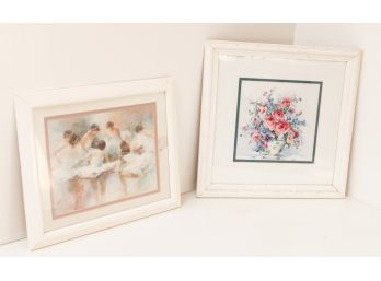 2 Beautiful Framed Prints - Degas Style Ballerina's And Lovely Floral Arrangement Within Vase H14 X L14