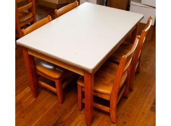 Child Size Table W/ 4 Vintage School Chairs - Table H22 X L36 X W24