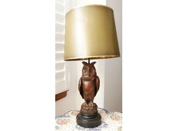 Carved Wood Owl Table Lamps W/ Lamp Shade - H27 X W14
