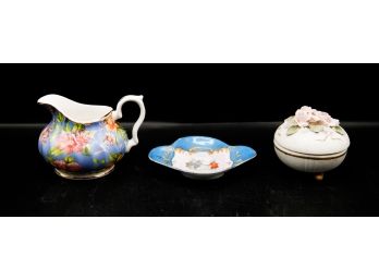 Lot Of 3 Small Ceramic Pieces - Trinket Box, Creamer, Decorative Dish