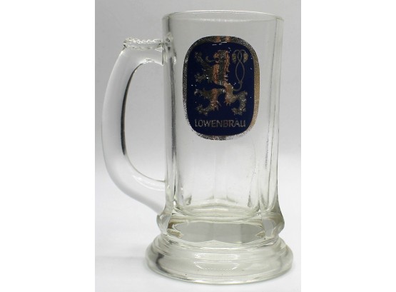 Lowenbrau Beer Stein Glass 12 Ounce Mug With Blue And Gold Logo