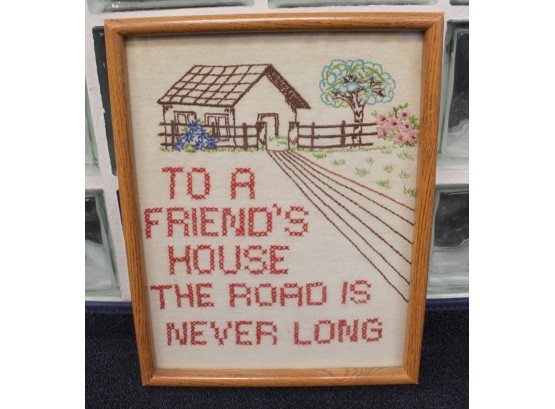 Stitched 'To A Friend's House The Road Is Never Long' Framed