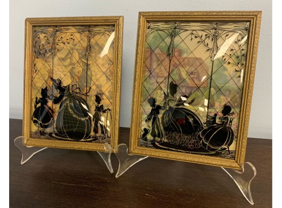 Lovely Vintage Reverse Painting Silhouette Convex Glass  Set Of Two