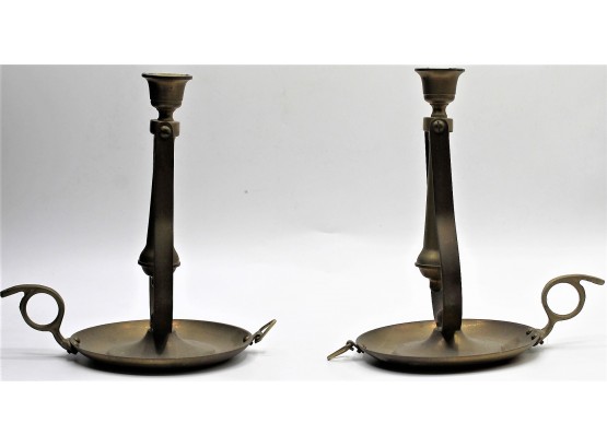 Set Of Two Handheld Brass Candlestick Holders