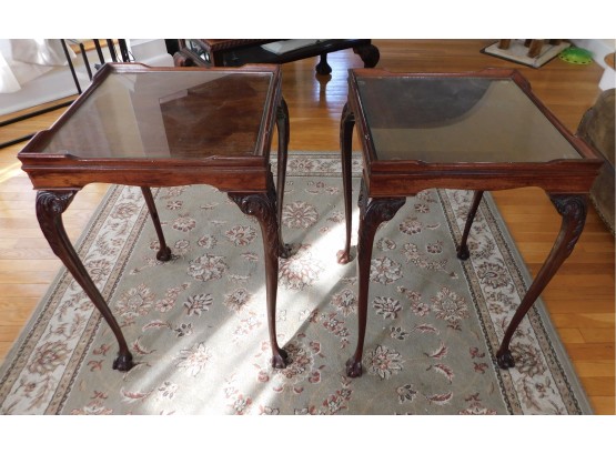 Vintage Pair Of Wood End Tables With Claw Feet Legs And Glass Top