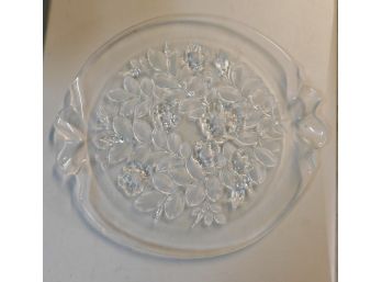 Lovely Round Glass Floral Pattern Serving Tray With Scalloped Handles