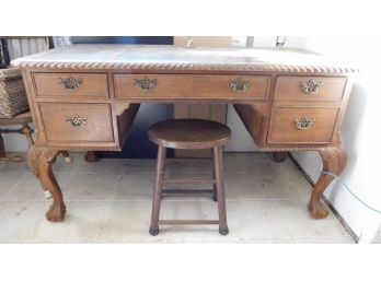 Vintage Leather Top Desk With Wood Stool