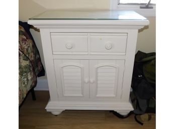 White Wood Glass Top Night Stand With Drawer And Cabinet