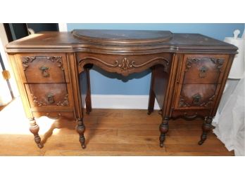Vintage French Walnut Marquetry Vanity/Writing/Laptop Desk On Wheels With Detached Mirror