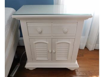 Stylish White Cottage Wood Glass Top Night Stand With Drawer And Cabinet