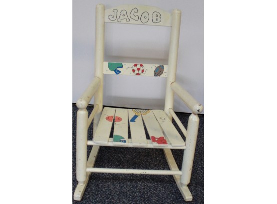 Small Child's Wooden Rocking Chair - Painted White With Sports Design