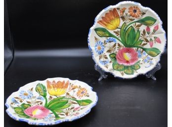 Pair Of Rustic Handpainted Ceramic Plates With Floral Design - Made In Italy