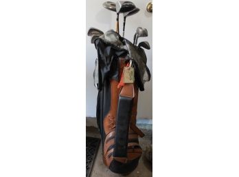 Miller Black And Brown Leather Golf Bag Filled With Assorted Golf Clubs