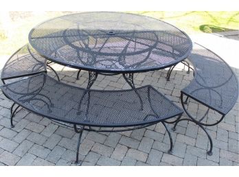 Vintage Woodard Style Wrought Iron  Patio Table With 4 Bordering Curved Benches