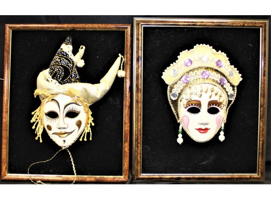 Pair Of Framed Decorative Porcelain Masquerade Masks