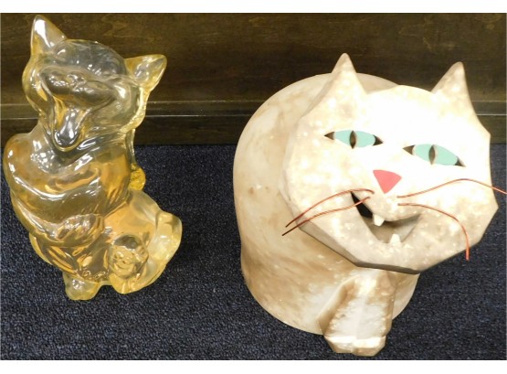Pair Of 2 Cat Figurines - 1 Glass And 1 Ceramic