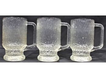 Vintage Clear Glass Tree Bark Textured Mugs - Set Of 3