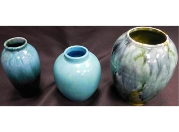 Lot Of 3 Decorative Teal Pottery Vases