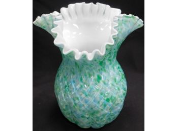 Fenton Blue & Green Speckled Scalloped Vase With Criss Cross Design