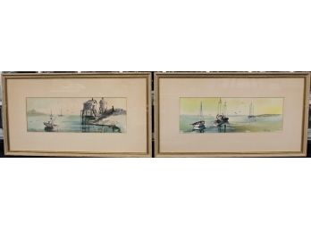 Watercolor Art Signed M. Cole Seascape/ Nautical & Fishing And Dock Scene