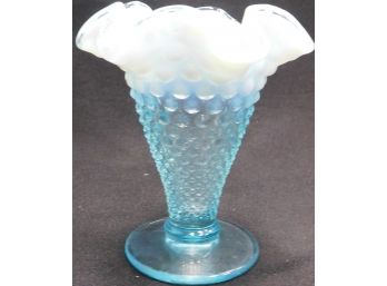 Fenton Glass Vase Blue Opalescent Hobnail Cone Shaped Double Ruffled Edge #3952