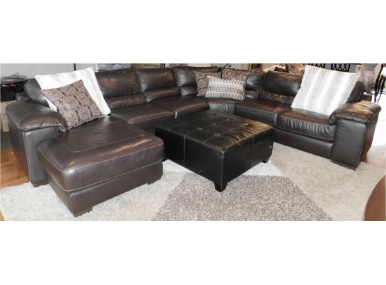 Cindy Crawford Home Brown Leather Sectional With Oversized Ottoman