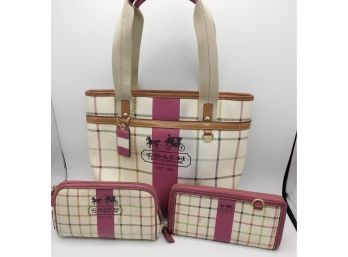 Coach 12219 Heritage Pink Stripe Tattersall Tote, Wallet, & Make-Up Case & Dust Cover