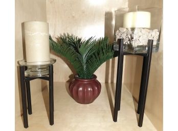 Pair Of Decorative Candle Holders With Faux Potted Plant