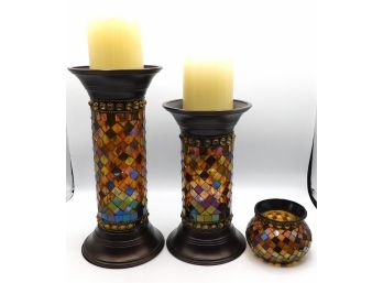 Pair Of PartyLite Mosaic Pillar Candle Holders & Small Mosaic Vase