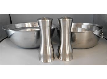 Assorted Stainless Mixing Bowls, 5 & Salt And Pepper Shaker