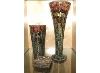 Pair Of Mosaic Glass Vases & 4 Stone Coasters