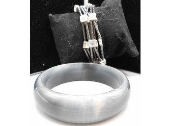 Costume Jewlery: Acrylic Gray Bangle Bracelet & Black Rope & Rhinestone Bracelet