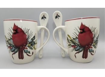 Lenox American By Design Winter Greetings Red Cardinal Mugs With Spoons