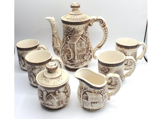 Vintage Country Side Mill Tea/Coffee Pot Set Of 7 Pieces Made In Japan